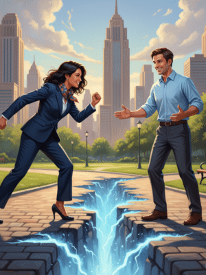 intentional leap. leap with consultant encouraging you. over futuristic crack in ground