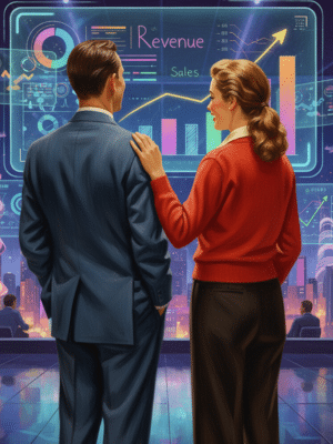 Intentional leap image of two people looking at an increasing sales chart in a norman rockwell style
